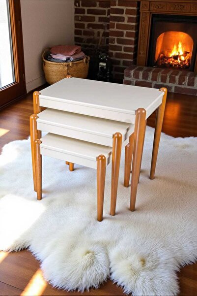 Akabesan Aksesuar Defne Serisi Dekoratif Beyaz Krem Ahşap Ayaklı 1.sınıf Kayı...