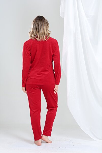 MEBA Red Front Buttoned Velvet Winter Women's Pajama Set