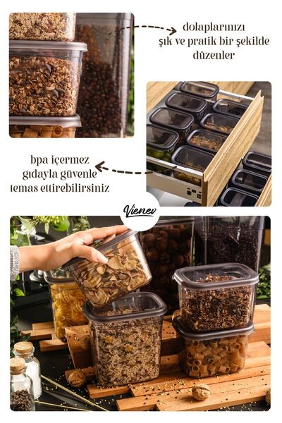 Vienev 6-Piece 0.55 Liter Peggy Square Spice Rack Storage Container with Colorful Label and Spoon Anthracite