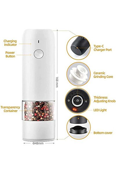 fulina Electric Salt and Pepper Grinder,with 6 Positions,USB Rechargable,Adjustable Coarseness,White