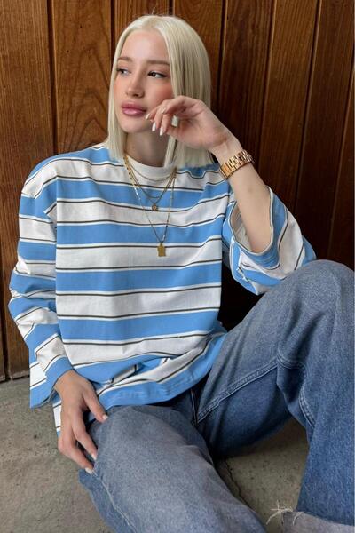 Madmext Mavi Bisiklet Yaka %100 Pamuklu Çizgili Uzun Kollu Tişört MG2362