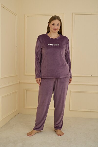 Elit Women's Velvet Amor Letter Printed Plus Size Pajamas Set