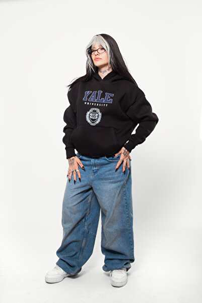 Bak Moda هودي أسود كبير الحجم مطبوع عليه جامعة ييل للجنسين