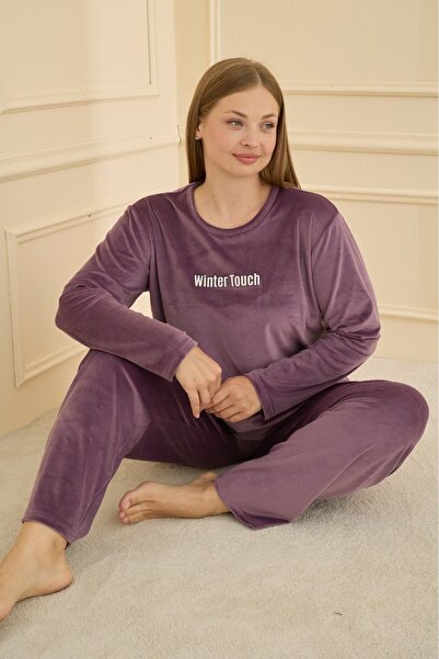 Elit Women's Velvet Amor Letter Printed Plus Size Pajamas Set