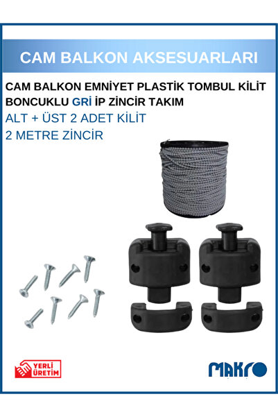 GLASSMAKRO Cam Balkon Kilidi | Emniyet Plastik Tombul Kilit | Boncuklu Gri Ip Zincir Takım Seti