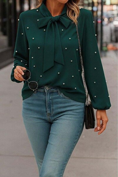 Moda Ebrar Women's Long Sleeve Bow Neck Pearl Imported Crepe Blouse