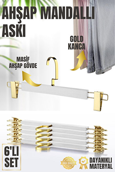 Nandy Home 6 Adet Ahşap, Mandallı Pantolon ve Etek Askısı, Kıyafet Askısı