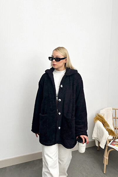 VAGGON Γυναικείο μαύρο βελούδινο μπουφάν με διπλή τσέπη με κουμπιά μπροστά Prm0589