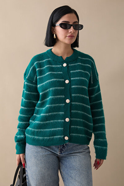 InStyle سترة تريكو زمردية - تفاصيل شريطية رفيعة