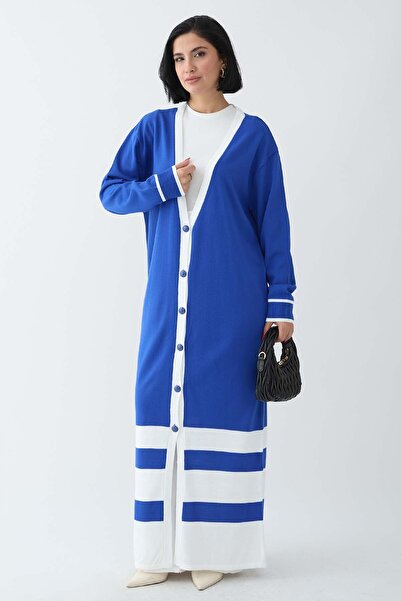InStyle Смугаста деталізована довга кофта синього кольору з трикотажу