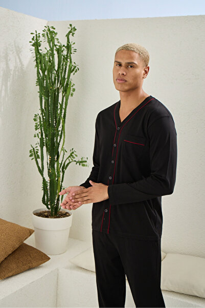 KLY Men's Four Seasons Oversized V-Neck Buttoned Pajama Set