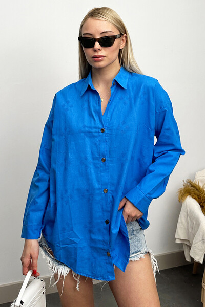 VAGGON Жіноча льняна сорочка oversize з синім візерунком Prm0590