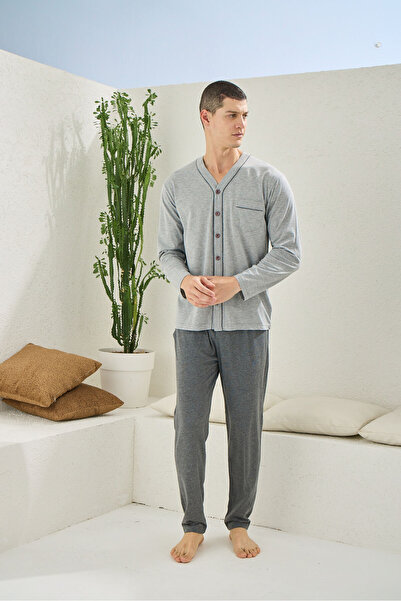 KLY Erkek Dört Mevsim Battal V Yaka Boydan Düğmeli Pijama Takımı