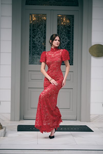 laulei Kısa Kollu Dantelli Uzun Elbise