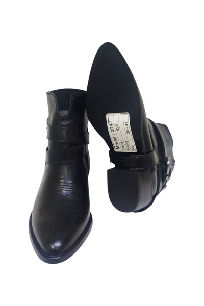 DRY SHOES Hakiki Deri Siyah Kadın Bot Ayakkabı Kovboy Western Çizme Tokalı Bilekte DRY-2047