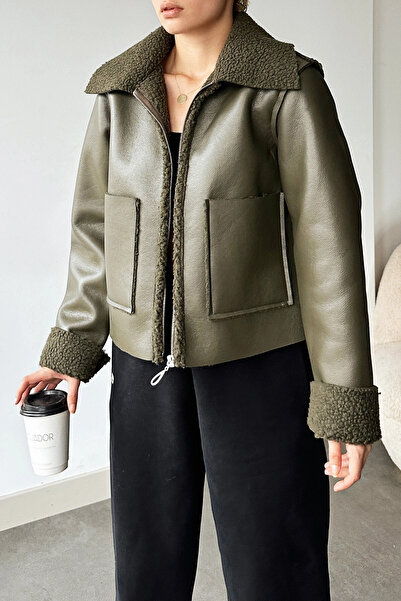 VAGGON Women's Khaki Double Pocket Faux Leather Biker Jacket with Fur Inside Prm0408