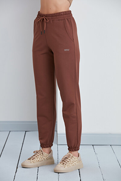 nurneva Γυναικείο μοντέλο βασικής φόρμας με ελαστικό πόδι, καφέ χτενισμένο βαμβακερό παντελόνι με κορδόνι μέχρι τον αστράγαλο