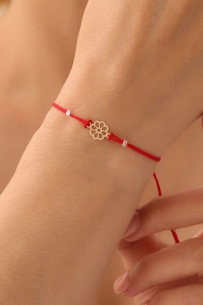 GENORO JEWEL 14 Ayar Altın kadın Kırmızı ipli zarif çiçek bileklik