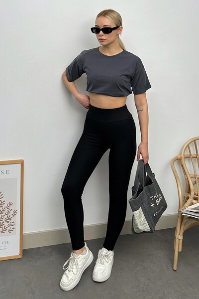 VAGGON Дамски черни чорапогащи с висока талия и релефна текстура Ottoban Prm0678