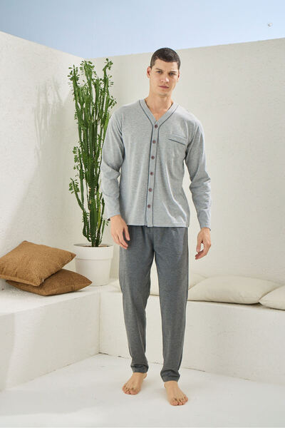 KLY Erkek Dört Mevsim Battal V Yaka Boydan Düğmeli Pijama Takımı