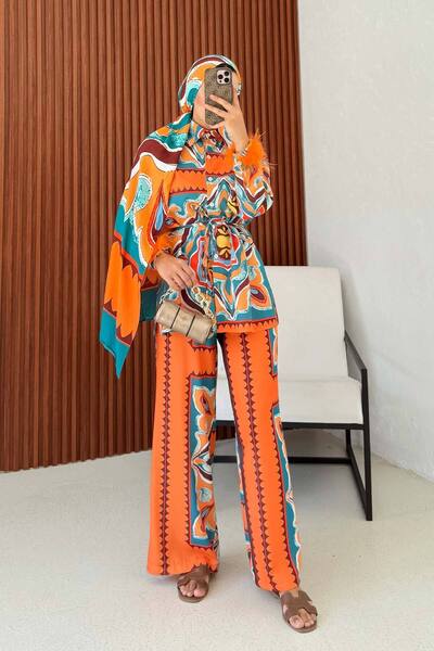 Melike Tatar Shawl Patterned Shirt Set 32-2390