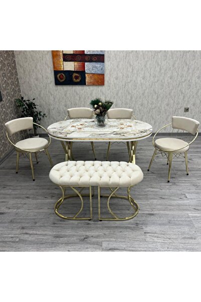 BY ORHAN GÜZEL Mutfak Masa Sandalye Takımı Selenit 80-140 Oval Gold 6 Kişilik Benchli Mutfak Masası Takımı