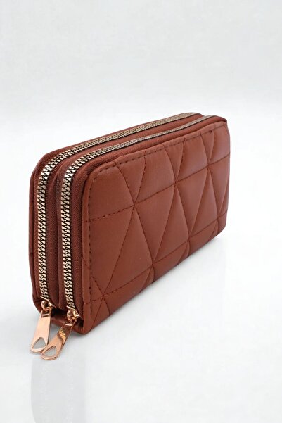 GALB LEATHER Tan Color Large Size 3 Zippered Coin Compartments 8 Card Compartments Women's Wallet Hand Portfolio 20X12Cm