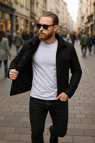 Pobudo Siyah Renk İçi Siyah Kürklü Erkek Kot Mont