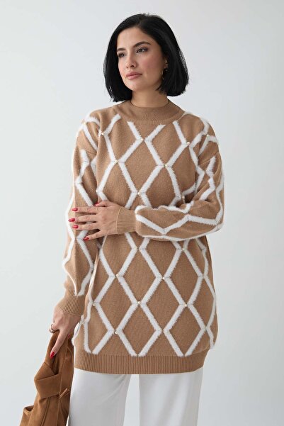 InStyle Striped Pearl Detail Camel Knitwear Sweater