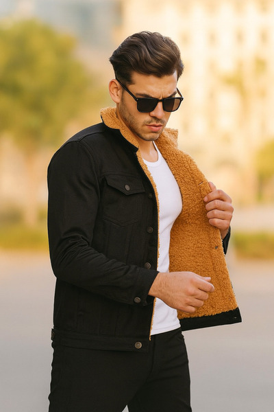 Pobudo Black Men's Coat with Mustard Fur Inside