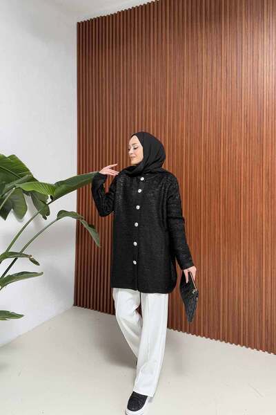 Melike Tatar Black Leaf Buttoned Cardigan 32-7043