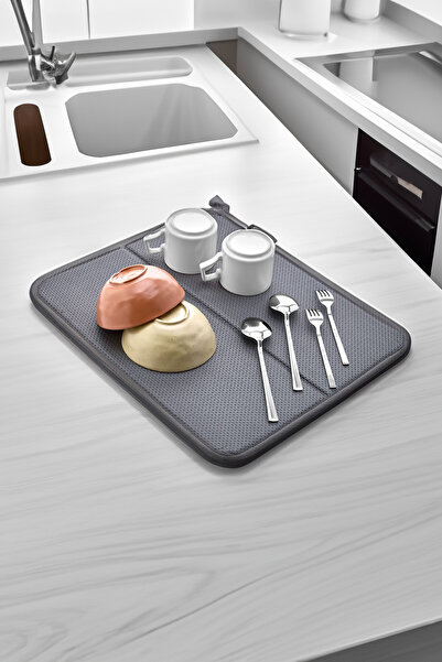 BeeQuin 44x36cm Gri Katlanabilir Bulaşık Matı Kurutma Örtüsü Üstü Süper Emici...