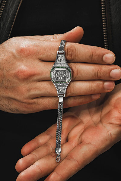 OSMANLI GÜMÜŞ Erkek Gümüş Bileklik - Süleyman Mührü Tilki Kuyruğu Zincirli 925 Ayar Erkek Bileklik