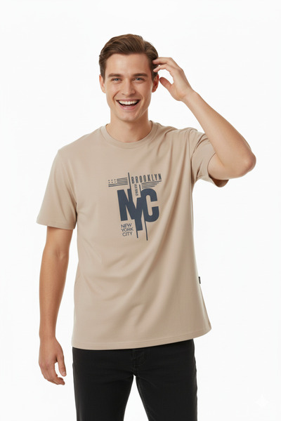 Hamera Printed Oversize Men's Beige T-Shirt