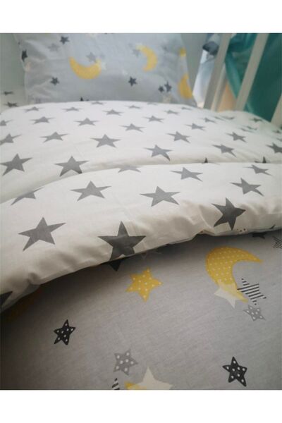 Bebek Özel %100 Pamuklu Çocuk Genç Tek Kişilik Nevresim Takımı Gri Sarı Büyük Yıldızlı