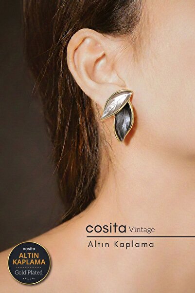 COSİTA Vintage Bronz Kahverengi Altın Kaplama Yaprak Küpe