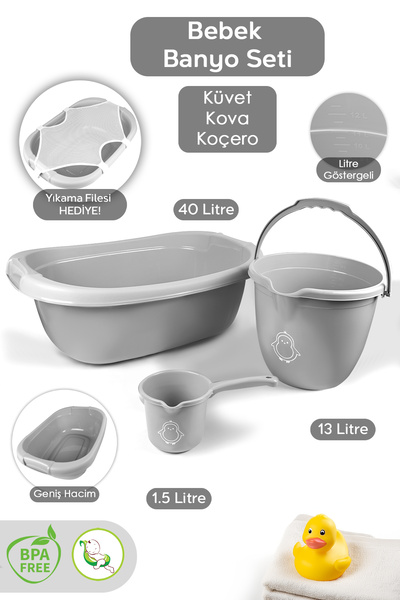 Meleni Baby 3'lü Set - Bebek Yıkama Banyo Küveti, Desenli Su Kovası, Maşrapa,...