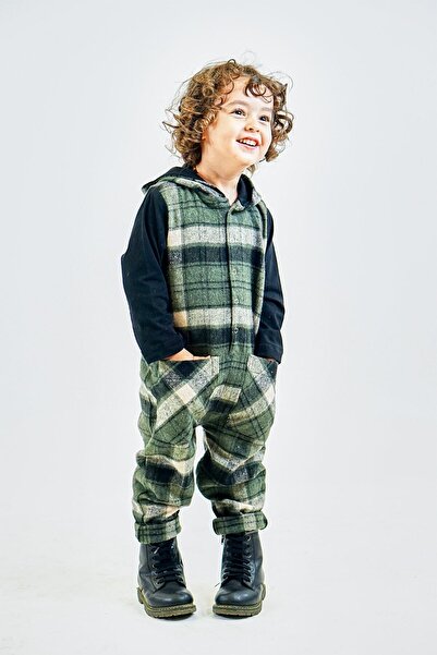 Catz Kids Haki Siyah Ekose Kaşe Kapüşonlu Tulum