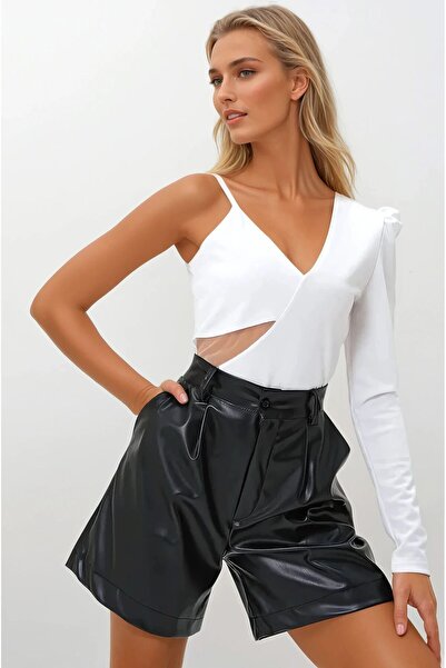 OLSAMODA Women's Cut-Out Detail One-Sleeve Tulle Accented Asymmetric Cut Flexible Fabric Bluse