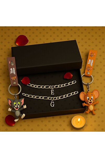 VATESTUGE Kişiye Özel Harfli Çelik Bileklik Seti + Tom ve Jerry Anahtarlık – ...