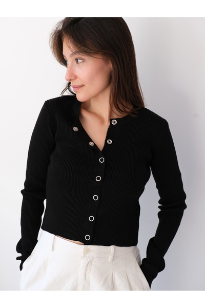 Butik Una Fiaba Black Women's Crew Neck Snap Fastener Ribbed Knitted Cardigan