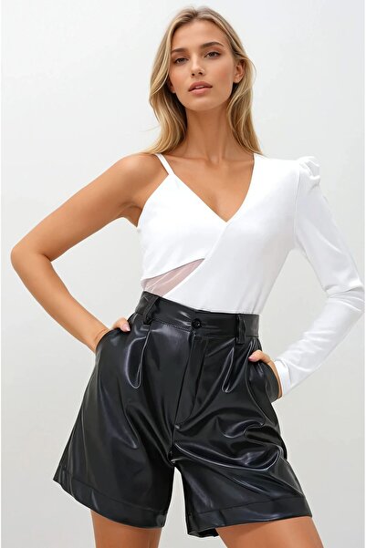 OLSAMODA Women's Cut-Out Detail One-Sleeve Tulle Accented Asymmetric Cut Flexible Fabric Bluse