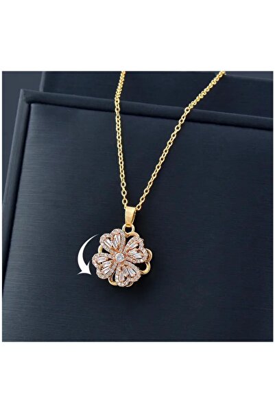 ganispe Anneler Günü Hediyesi Çelik Gold Dönen Kolye Yonca Desenli