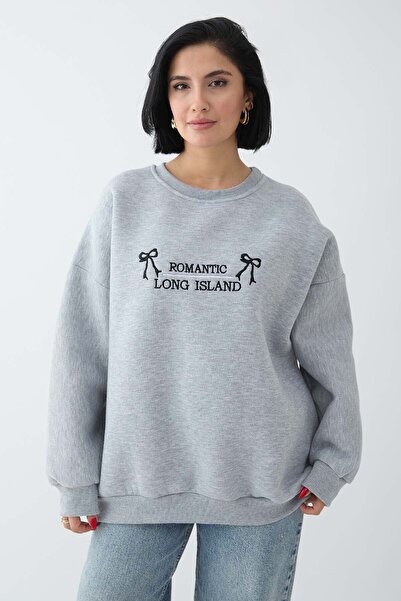 InStyle Fiyonk Yazı İşleme Gri Sweat