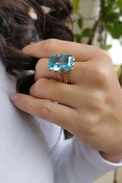 Utku Kuyumculuk 14 AYAR KRİSTAL AQUAMARİN RENGİ TAŞLI ALTIN YÜZÜK