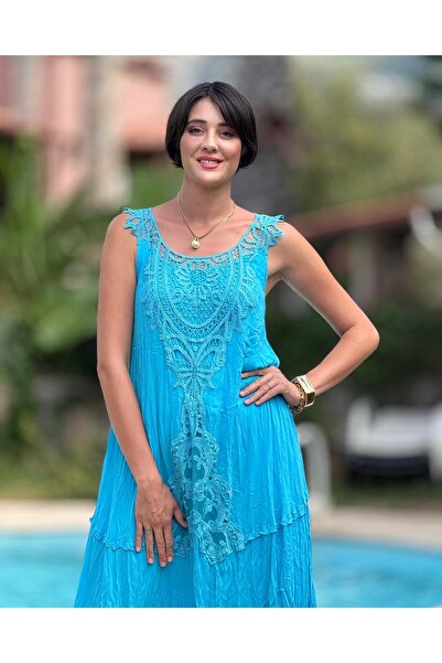 Punta Otantik Rochie turcoaz din voile fără mâneci - VL1046