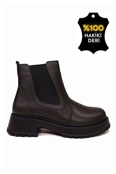 DONDUK Kadın Hakiki Gerçek Deri Lastikli Kısa Acı Kahve Bot