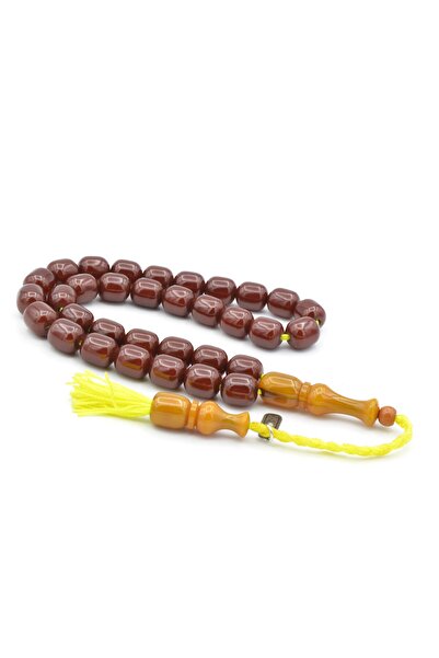 Murty99 Zeyzun İmzalı Fıçı Kesim Kahverengi Sıkma Kehribar Tesbih