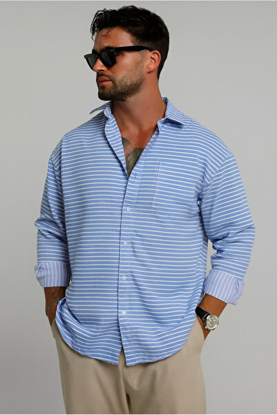 King Brothers Old Money Чоловічий - Синя смугаста oversize бавовняна сорочка, з кишенями, довгими рукавами