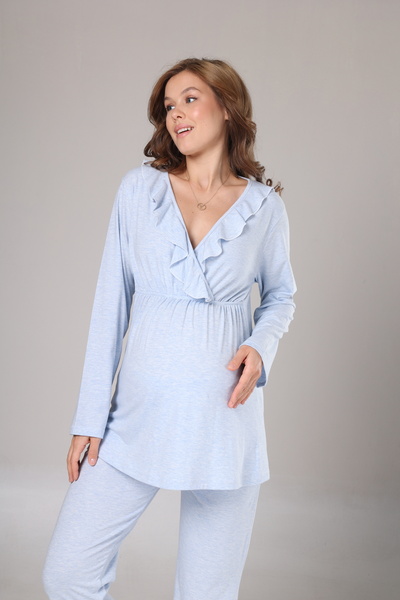 Lohusa Homewear Kadın Mavi Melanj Kışlık Özel Tasarım Lohusa Hamile Sabahlık Pijama Takımı 3'lü Set